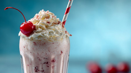 Milkshake with cherries and whipped cream on a blue backgroundの素材