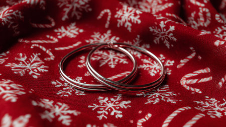 Wedding rings on a red background with snowflakes.の素材