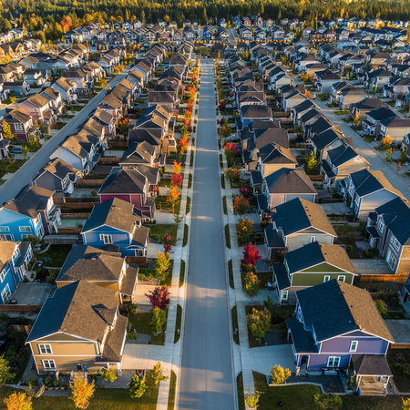Aerial view of a residential neighborhood in the British Columbia Province, Canada.の素材