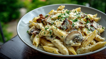 Penne pasta with mushrooms and cream sauce on a wooden table.の素材