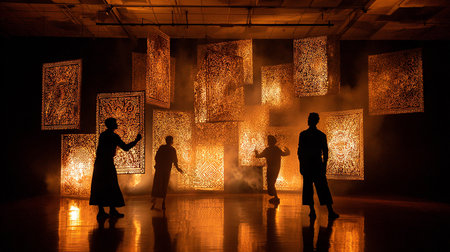 Silhouettes of Muslim people praying in the mosque at night.の素材