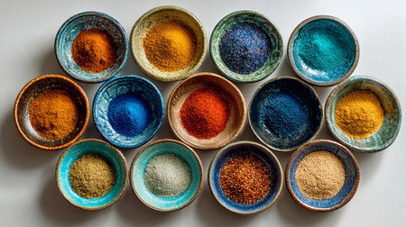Colorful bowls of spices on a white background. Top view.の素材