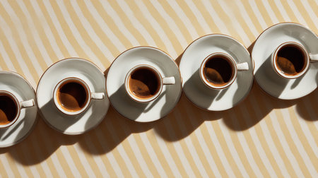 Coffee cups and saucers on a striped background.の素材