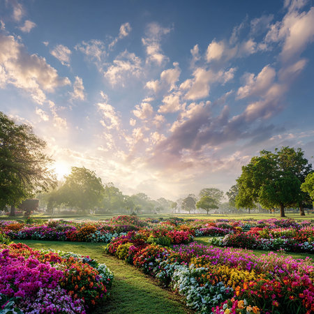 Colorful flower garden in the morning with beautiful sky, Thailand.の素材