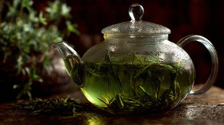 Green tea in a glass teapot on a wooden table.の素材