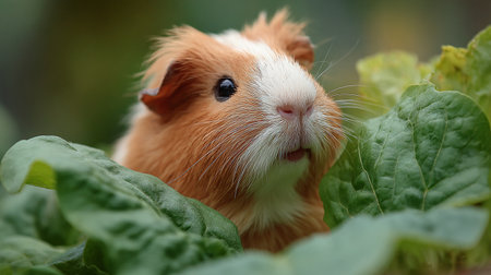 guinea pig on a green leaf in the garden, close upの素材