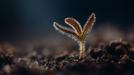 Young seedling growing from seed in the ground.Macro shotの素材