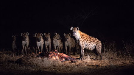 Spotted hyena (Crocuta crocuta) in the savanna at nightの素材