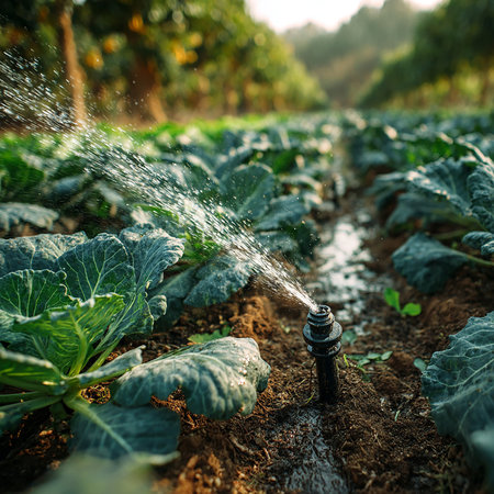 Sprinkler watering cabbage field. Selective focus. nature.の素材