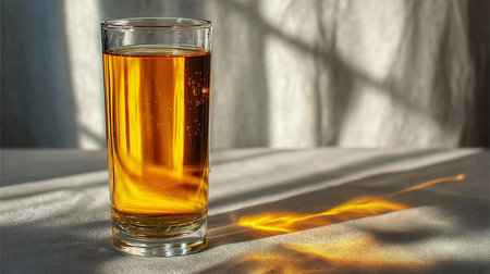 A glass of whiskey on a white background with a light beam.の素材