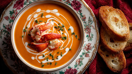 Lobster cream soup with croutons. Selective focus.の素材