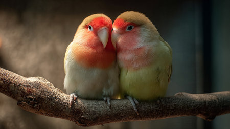 Two lovebirds sitting on a branch and looking at each other.の素材