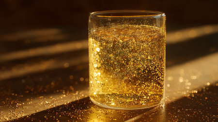 Glass of whiskey with golden sparkles on dark background, closeupの素材
