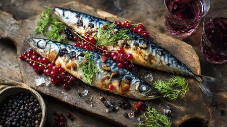 Sardines with cranberries and red currant on wooden boardの素材