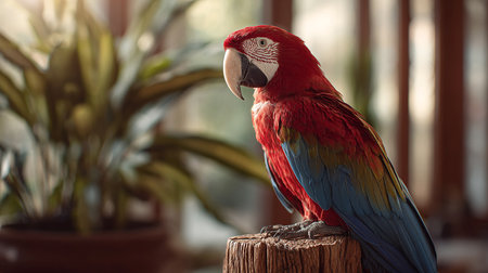Beautiful macaw parrot sitting on wooden stump in the gardenの素材