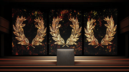 Golden laurel wreaths on a dark background. 3D renderingの素材