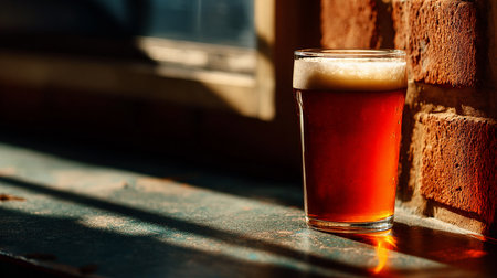 A pint of dark beer on the windowsill in the sunlight.の素材