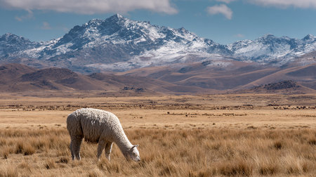 Alpaca grazing in the high grassland of Patagoniaの素材
