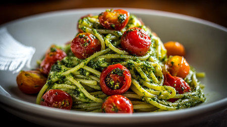 Spaghetti with pesto sauce and cherry tomatoes on a wooden tableの素材