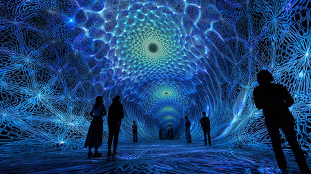 3d rendering of people in abstract space tunnel with light rays and starsの素材