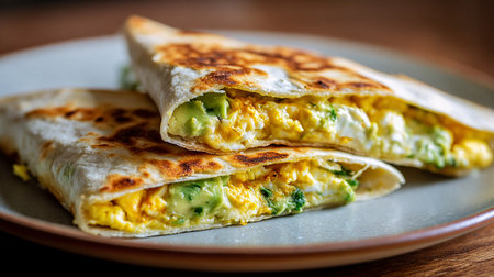 Mexican quesadilla with scrambled eggs and avocado on a plateの素材