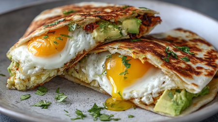 Tasty quesadilla with fried eggs and avocado on plateの素材