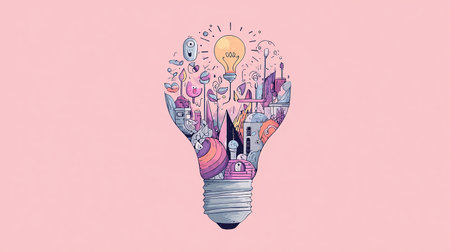 Hand drawn illustration of a lightbulb with cityscape in the backgroundの素材