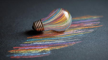Incandescent light bulb with rainbow colors on a dark background.の素材