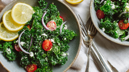 Healthy kale salad with feta cheese, cherry tomatoes and red onionの素材