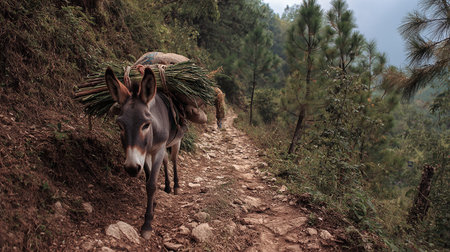 A donkey carrying a load of rice on a mountain road in Nepalの素材