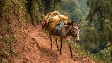 Donkey on the way to Annapurna Base Camp, Nepalの素材