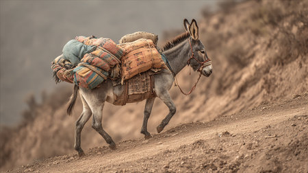 Donkey with a saddle on a dirt road in the mountains.の素材