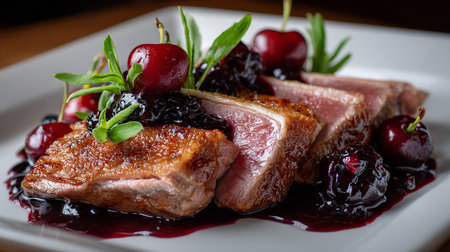 roasted duck breast with cherry sauce and fresh berries on a white plateの素材