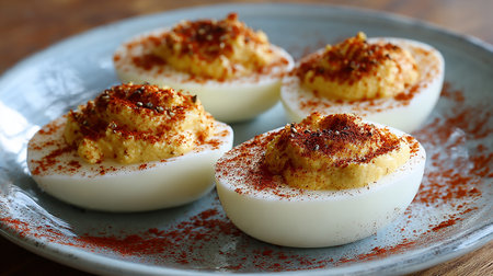 Stuffed deviled eggs with paprika on plate, closeupの素材