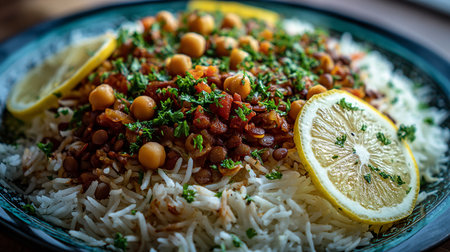 Chickpeas with basmati rice served with lemon and parsleyの素材