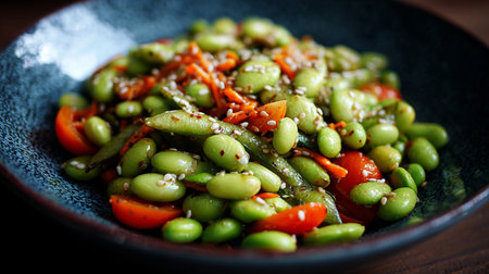 Green soybeans with carrot and sesame seeds on a black plateの素材