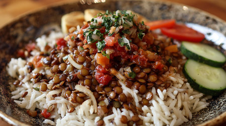 Lentils with rice, tomato and cucumber on wooden tableの素材