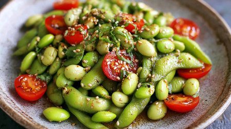 Green soybean salad with tomatoes and sesame seeds, closeupの素材