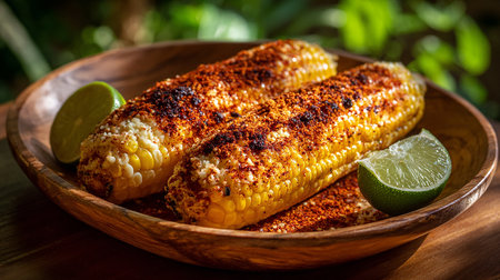 Grilled corn on the cob with spices and lime on a wooden plateの素材