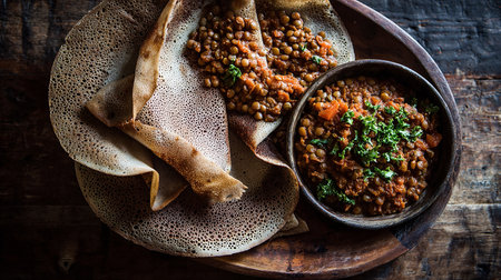 Close up of a bowl of lentil masala with naan breadの素材