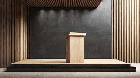 Podium with microphone standing in front of wooden wall. 3D Renderingの素材