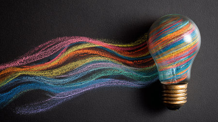 Energy saving lightbulb with colorful lines on blackboard background.の素材