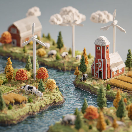 farm with wind turbines and farm animals. 3d render illustration.の素材