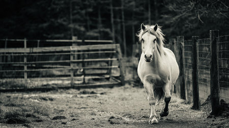 Beautiful white horse in the field. Black and white photo.の素材