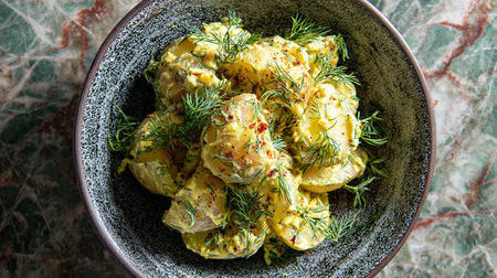 Baked potatoes with dill and spices in a bowl on the tableの素材