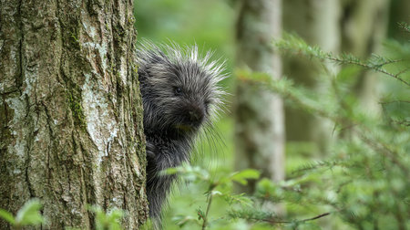 Porcupine hiding behind a tree in the forest, UK.の素材