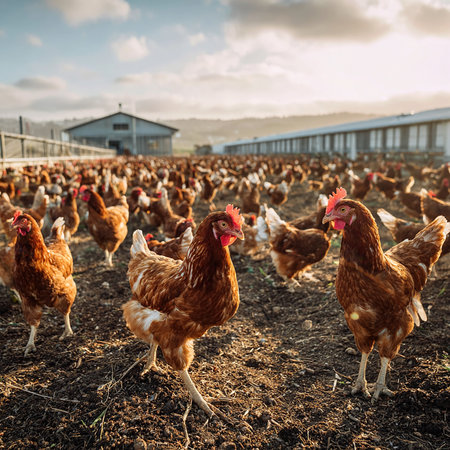 Chickens on traditional free range poultry farm. Rural scene.の素材