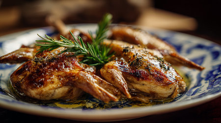 Grilled quail with rosemary and spices on a blue plateの素材