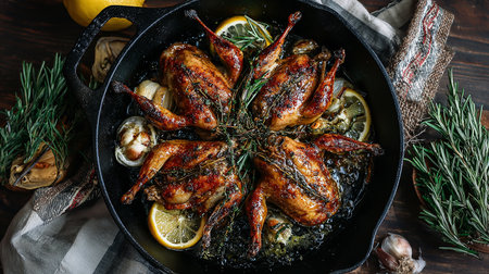 Baked quail with lemon and rosemary in a frying panの素材