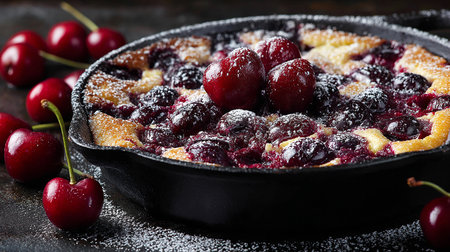 Cherry pie in baking dish with fresh cherries and sugar powderの素材